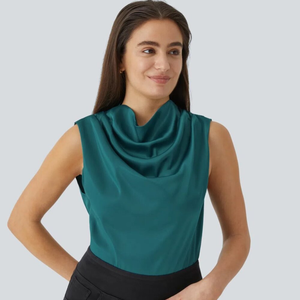 Halara Draped Cowl Neck Sleeveless Keyhole Back Curved Hem Satin Work Blouse